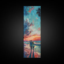 Load image into Gallery viewer, Framed Canvas Oil Painting of Sunset on Beach, Coastal Wall Art Print, Colorful Beach Art, Impasto Painting, Long and Narrow Landscape Art
