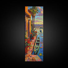 Cargar imagen en el visor de la galería, Long Narrow Vertical Wall Art Print of Beachside Landscape, Sunset Wall Art Print, Nautical Wall Art Framed on Canvas, Colorful Beach Art
