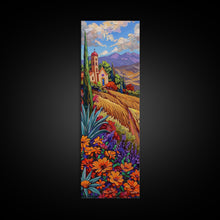 Load image into Gallery viewer, Framed and Printed Canvas Painting of Colorful Tuscan Countryside, Gouache Textured Canvas Painting, Botanical Wall Art Print, Skinny Art
