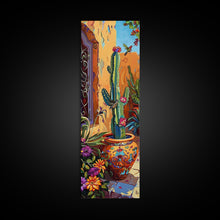 Cargar imagen en el visor de la galería, Colorful Canvas Painting of Cactus Framed, Botanical Wall Art Print, Spanish Inspired Canvas Painting, Long and Narrow Living Room Wall Art
