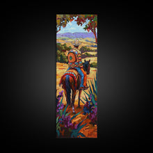 Load image into Gallery viewer, Long Narrow Wall Art Painting of Jalisco Cowboy, Southwest Wall Art Painting, Colorful Desert Canvas Painting Framed and Printed, Office Art
