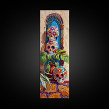 Load image into Gallery viewer, Day of The Dead Inspired Mexican Canvas Painting Framed, Long Narrow Wall Art Print, Spanish Style Home Decor, Contemporary Art Print
