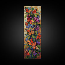 Cargar imagen en el visor de la galería, Colorful Butterfly Vertical Framed Canvas Oil Painting, Abstract Botanical Wall Art, Gouache Style Painted Art, Housewarming Gift for Her
