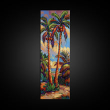 Load image into Gallery viewer, Abstract Canvas Painting of Beach Landscape, Palm Tree Art Print, Tall and Narrow Canvas Art of Ocean, Beachy Wall Art for Living Room
