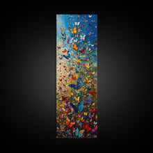 Carregar imagem no visualizador da galeria, Burst of Colorful Butterflies in a Floral Meadow, Skinny and Tall Art, Energetic Framed Canvas Print, Vibrant Wall Art
