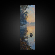 Carregar imagem no visualizador da galeria, Calm River Reflection with a Lone Boat, Skinny and Tall Art, Serene Landscape Framed Canvas Print, Tranquil Wall Art
