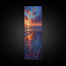 Load image into Gallery viewer, Framed Canvas Print of a Colorful Skinny Art Sunset Over the Ocean with a Vibrant Sky Reflecting on the Water in this Tall Coastal Landscape Art
