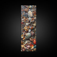 Carregar imagem no visualizador da galeria, Framed Canvas Print Skinny Art of a Variety of Colorful Seashells Arranged in a Textured Pattern, Perfect Tall Art for Beach Themed Rooms
