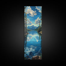 Carregar imagem no visualizador da galeria, Framed Canvas Print Skinny Art of a Clear Lake Surrounded by Pine Trees with Majestic Mountains in the Distance Under a Blue Sky, Ideal Tall Landscape Art
