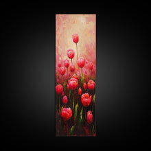 Load image into Gallery viewer, Vibrant Red Tulips in Bloom Against a Soft Pink Background on a Framed Canvas Print Skinny Art Piece
