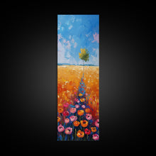 Load image into Gallery viewer, Colorful Wildflowers in a Field with a Lone Tree Under a Bright Blue Sky on a Framed Canvas Print Tall Art Piece
