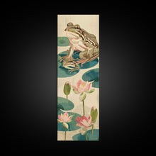 Load image into Gallery viewer, Frogs On Lily Pads Canvas In Japanese Ukiyo-e Style, Traditional Woodblock Print, Framed Canvas Print, Tall Skinny Japanese Wall Art, Ready To Hang
