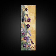 Load image into Gallery viewer, Deep Purple Pansy Flowers Against Textured Gold Background on Tall Vertical Canvas Print for Rich Floral Wall Decor
