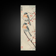 Load image into Gallery viewer, Pair of Birds on Snowy Branches, Japanese Art Framed Canvas Print, Tall and Skinny Wall Art in Ukiyo-e Style
