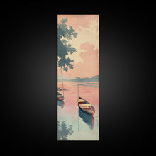 Load image into Gallery viewer, Serene Boat on Water, Autumn Trees, Japanese Art, Skinny Art, Tall Art, Framed Canvas Print, Ukiyo-e Style
