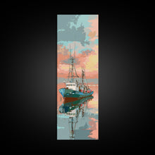 Cargar imagen en el visor de la galería, Fishing Boat, Calm Waters, Japanese Art, Skinny Art, Tall Art, Framed Canvas Print, Ukiyo-e Style
