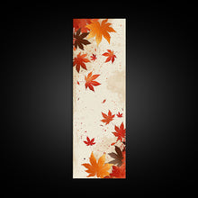 Load image into Gallery viewer, Skinny Art Autumn Leaves In Japanese Style Wood Block Print Warm Red And Orange Tones On Framed Canvas Print, Tall Art Ukiyo-e
