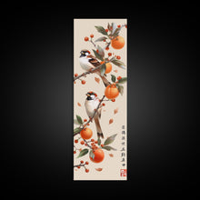 Load image into Gallery viewer, Skinny Art Tall Art Framed Canvas Print Wood Block Print Of Elegant Bird Perched On Branch Amidst Orange Fruits Ukiyo-e Japanese Style Art
