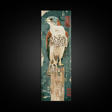 Load image into Gallery viewer, Majestic Hawk Perched On Weathered Stump Textured Background Skinny Art Tall Art Framed Canvas Print Japanese Style Art Ukiyo-e Art Wood Block Print
