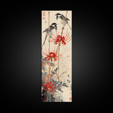 Load image into Gallery viewer, Blossoming Pink Flowers Bold Red Accents Skinny Art Tall Art Framed Canvas Print Japanese Style Art Ukiyo-e Art Wood Block Print Feminine
