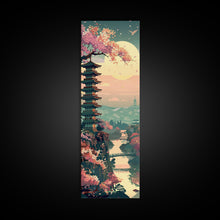 Load image into Gallery viewer, Japanese Pagoda Among Sakura Trees Under Yellow Moon Tall Art Skinny Art Framed Canvas Print Japanese Style Art Ukiyo-e Wood Block Print
