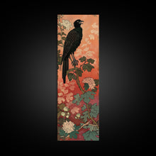 Carregar imagem no visualizador da galeria, Black Bird On Flowering Branch With Orange Background Tall Art Skinny Art Framed Canvas Print Japanese Style Art Ukiyo-e Wood Block Print
