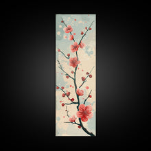 Load image into Gallery viewer, Peach Blossoms On Branch With Soft Pastel Background Tall Art Skinny Art Framed Canvas Print Japanese Style Art Ukiyo-e Wood Block Print
