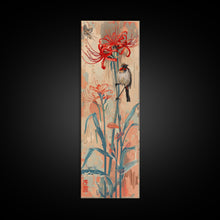 Carregar imagem no visualizador da galeria, Bird Perched On Bright Red Lily Flower Skinny Art Tall Art Framed Canvas Print Japanese Style Art Ukiyo-e Art Wood Block Print Floral Detailed
