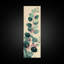 Load image into Gallery viewer, Delicate Green Leaves And Pink Buds On A Branch Against A Textured Background, Skinny Art Tall Wall Art Framed Canvas Print Japanese Style Art

