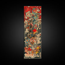 Cargar imagen en el visor de la galería, Complex Samurai Battle Scene With Mythical Creatures Framed Canvas Print Ukiyo-e Wall Art Wood Block Print Tall Art Japanese Style Skinny Art
