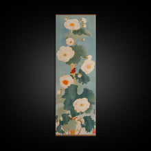 Load image into Gallery viewer, Tall White Blooms with Large Leaves on Blue Background, Framed Canvas Print in Japanese Art Style
