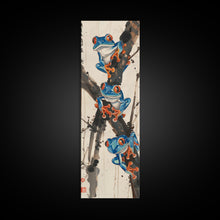 Load image into Gallery viewer, Three Blue Tree Frogs Branches Japanese Tall Wall Art Skinny Framed Canvas Print Ukiyo-e Style

