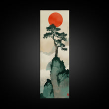 Load image into Gallery viewer, Bonsai Tree Mountain Red Sun Japanese Tall Wall Art Skinny Framed Canvas Print Ukiyo-e Style
