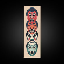 Load image into Gallery viewer, Bold Striking Japanese Kabuki Masks Vibrant Colors Depicted Traditional Style Tall Framed Canvas Print Cultural Home Decor
