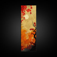 Load image into Gallery viewer, Dramatic Red Autumn Leaves Against Golden Sky Depicted Japanese Style Tall Framed Canvas Print Seasonal Wall Art
