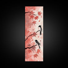 Load image into Gallery viewer, Red and Black Maple Leaves with Birds Perched on Branches Japanese Framed Canvas Print Ukiyo-e Art Skinny Tall Art
