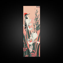 Load image into Gallery viewer, Woodpecker Perched on Stalks of Flowers against a Soft Pink Background Ukiyo-e Art Japanese Framed Canvas Print Skinny Tall Art
