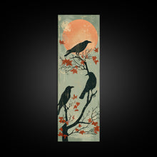 Carregar imagem no visualizador da galeria, Black Crows Japanese Art Skinny Wall Art Framed Canvas Print on Branches with Red Maple Leaves Against Warm Orange Sun
