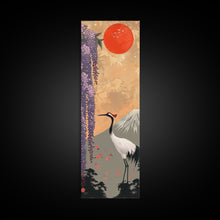 Load image into Gallery viewer, Japanese Crane Skinny Wall Art Framed Canvas Print in a Garden with Wisteria Flowers and Mount Fuji in the Background
