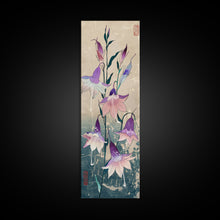 Load image into Gallery viewer, Tall Art Featuring Elegant Bellflowers In Soft Purples And Pinks Against A Muted Background, Skinny Art, Japanese Style Art, Ukiyo-e Art, Framed Canvas Print, Wood Block Print
