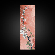 Load image into Gallery viewer, Skinny Art Tall Art Cherry Blossoms Wood Block Print Japanese Style Art With Delicate Branches On Soft Pink Background Framed Canvas Print
