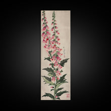 Load image into Gallery viewer, Skinny Art Tall Art Foxglove Flowers Wood Block Print Japanese Style Art Vertical Composition Framed Canvas Print
