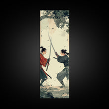 Load image into Gallery viewer, Skinny Art Tall Art Samurai Duel Wood Block Print Japanese Style Art Intense Battle Between Two Warriors Framed Canvas Print
