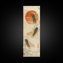 Load image into Gallery viewer, Detailed Depiction Of Cicadas Against Warm Sunset Background Ukiyo-e Skinny Tall Wood Block Framed Canvas Print Japanese Style Art
