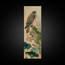 Load image into Gallery viewer, Majestic Hawk Perched Among Verdant Foliage Ukiyo-e Tall Skinny Wood Block Framed Canvas Print Japanese Style Art
