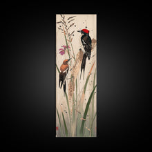 Load image into Gallery viewer, Detailed Woodpeckers Perched On Stems Amid Nature For Rustic Wall Art Ukiyo-e Japanese Style Art Skinny Framed Canvas Print
