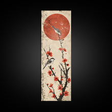 Load image into Gallery viewer, Delicate Birds Perched On Blooming Branch With Red Sun For Traditional Japanese Wall Art Decor Ukiyo-e Style Framed Canvas Print
