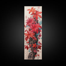 Load image into Gallery viewer, Vibrant Red Leaves On A Gnarled Tree Trunk, Tall Skinny Canvas Print For Feng Shui Decor, Japanese Style Wall Art
