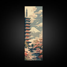 Load image into Gallery viewer, Japanese Pagoda With Mt Fuji And Cherry Blossoms – Framed Canvas Print Featuring Skinny Art Tall Art, Highlighting Ukiyo-E Art And Japanese Style Art
