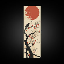 Carregar imagem no visualizador da galeria, Blackbird Perched On A Branch Under The Red Sun In Japanese Style Ukiyo-e Art Framed Canvas Print Skinny Art Tall Art
